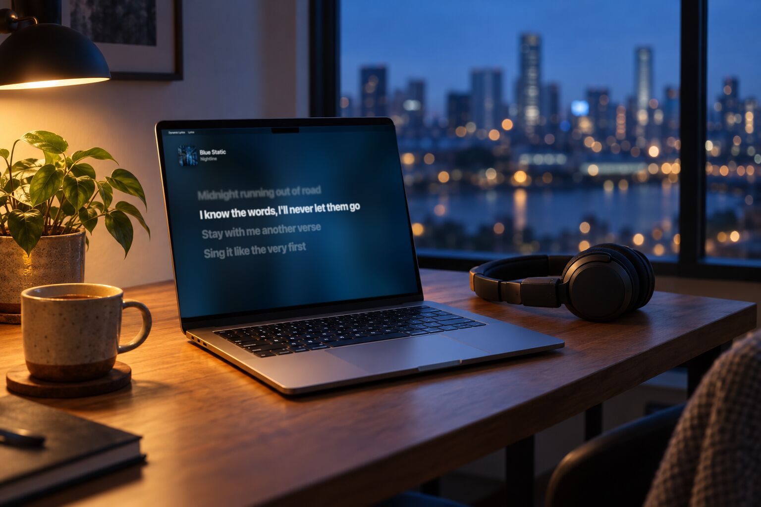 A MacBook Pro on a desk at night showing the Dynamic Lyrics window, beside headphones and a cup of tea.